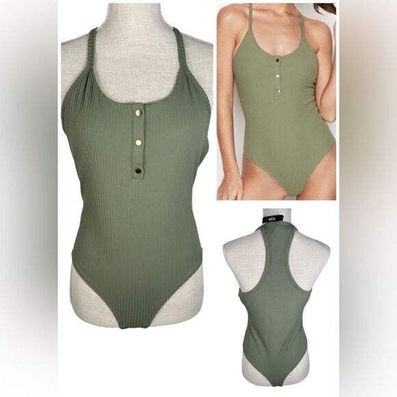 Victoria Secret Sport Olive Green Ribbed Racerback Snap Button Front Bodysuit - Picture 1 of 8